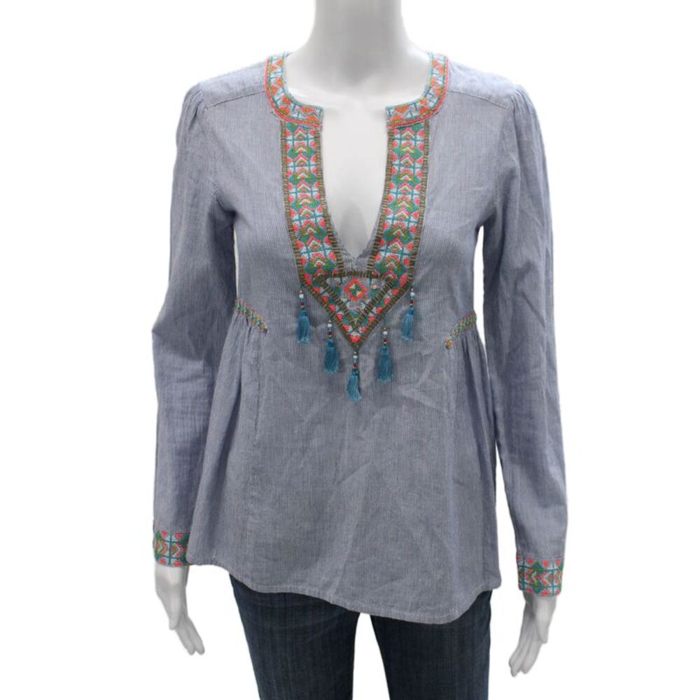 Christophe Sauvat Womens Blue Striped VNeck Tunic Blouse Long Sleeve Size XS